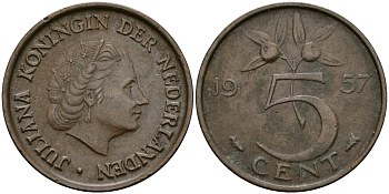 НИДЕРЛАНДЫ 5 ЦЕНТОВ 1957 ЮЛИАНА KM 181 бронза 95-333
