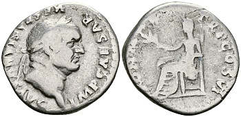 Римская Империя денарий 75 Веспасиан PON MAX TR P COS VI Пация, персонификация Мира Рим Very fine RIC 90 серебро 1073-3-11-2