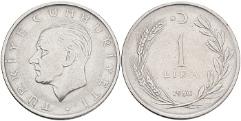 Турция 1 лира 1960 Мустафа Кемаль Ататюрк KM 889а.1 нержавеющая сталь4561-712