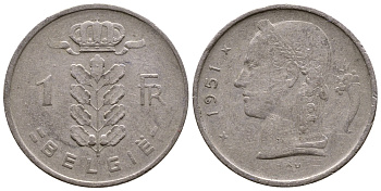 БЕЛЬГИЯ 1 ФРАНК 1951 BELGIE КМ 143.1 медно-никель 56-1145