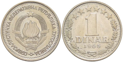 Югославия 1 динар 1965 KM 47 медно-никель 4519-652