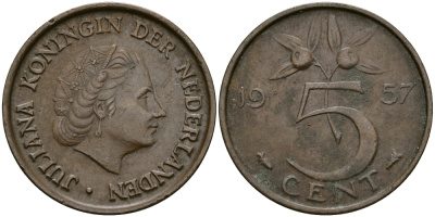 НИДЕРЛАНДЫ 5 ЦЕНТОВ 1957 ЮЛИАНА KM 181 бронза 95-333