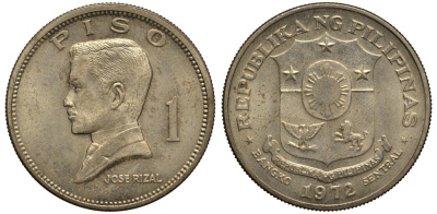 Филиппины 1 писо 1972 Хосе Рицаль KM 203 медь никель цинк 118-1112