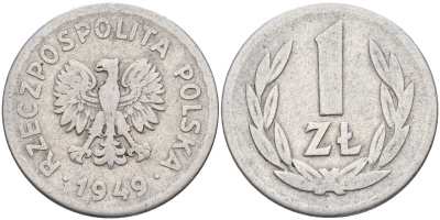 Польша 1 злотый 1949  KM 45а алюминий    4159-1253