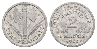 Франция 2 франка 1943 KM 904 алюминий 4543-155