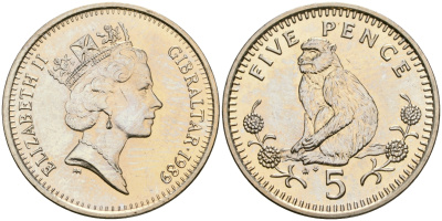 Гибралтар 5 пенсов 1989 АВ обезьяна KM 22 медно-никель UNC 87-457