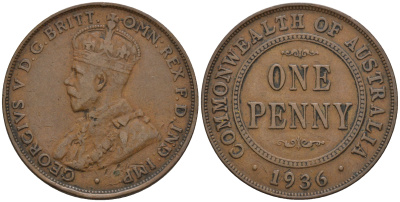 Австралия 1 пенни 1936 Георг V (1910-1936) KM 23 бронза 4112-732