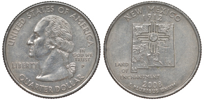 США 25 центов = квотер 2008 P, серия штаты США, Нью-Мексико KM 422 медь плакированная медно-никелем 4525-334