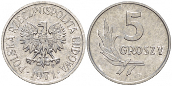 ПОЛЬША 5 ГРОШЕЙ 1971 MW KM А46 алюминий UNC 214-757