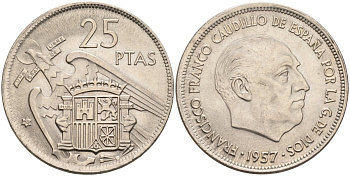Испания 25 песет 1957(68) Франциско Франко (1939-1975) KM 787 медно-никель аUNC 4583-1021