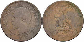 ФРАНЦИЯ 10 САНТИМОВ 1856 BB, НАПОЛЕОН III (1852-1870) KM 771.3, LE FRANC 133.34 бронза 38-1232