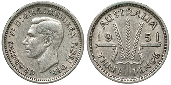 Австралия 3 пенса 1951 m, Георг VI (1937-1952), без букв KM 44 серебро 71-328