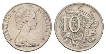 Австралия 10 центов 1969 Елизавета II (1952-2022), птица лирахвост KM 65 медно-никель 4657-137