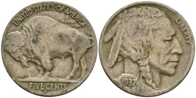 США 5 центов 1937 индеец, бизон KM 134 медно-никель 4529-914