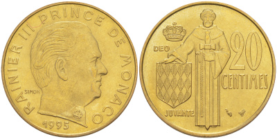 Монако 20 сантимов 1995 Ренье III (1949-2005) KM 143 алюминиевая бронза 190-517