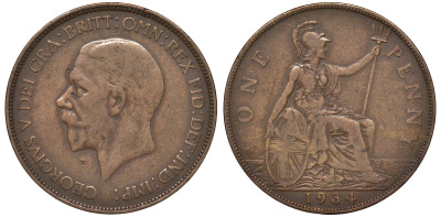 Великобритания 1 пенни 1934 Георг V (1910-1936) KM 838, Spink 4055 бронза 4131-423