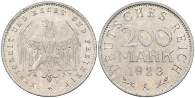 Германия 200 марок 1923 A KM 35, J. 304, Weege 22 алюминий UNC 4586-234