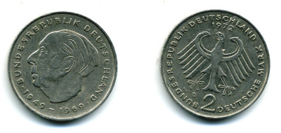 ФРГ 2 марки 1972 D, Теодор Хойс KM 127, J. 407 медно-никель плакированный никелем 35-1245