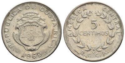 Коста-Рика 5 сентимо 1969  KM 184.2 медно-никель  UNC  4609-628