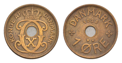 Дания 1 эре 1928 N, Кристиан X (1912-1947) KM 826 бронза 4658-138
