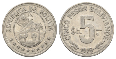 Боливия 5 песо 1976 KM 197 сталь плакированная никелем 4661-1114