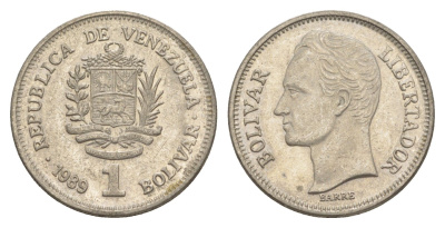 Венесуэла 1 боливар 1989 Симон Боливар, тонкий шрифт Y 52a.1 сталь плакированная никелем 4591-215