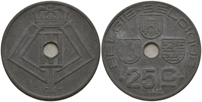 Бельгия 25 сантимов 1945 Belgie-Belgique, Леопольд III (1934-1947), германская оккупация KM 132 цинк 4157-644