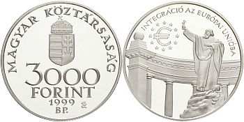 Венгрия 3000 форинтов 1999 интеграция в Европейский Союз KM 735 серебро PROOF 11-252-22