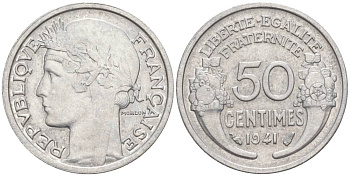 ФРАНЦИЯ 50 САНТИМОВ 1941 ТИП MORLON LOURDE KM 894.1a, LE FRANC 193.2 алюминий 44-315