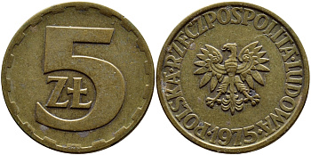 ПОЛЬША 5 ЗЛОТЫХ 1975 ЛЕНИНГРАДСКИЙ МОНДВОР KM 81.1 латунь 4390-533