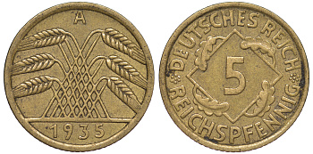 Германия 5 рейхспфеннигов 1935 A KM 39, J. 316 алюминиевая бронза 4602-1245