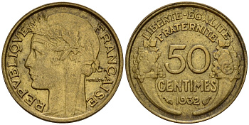 Франция 50 сантимов 1932 KM 894.1, Le Franc 192.15 алюминиевая бронза 4158-668