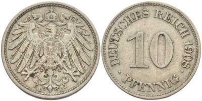 ГЕРМАНИЯ 10 ПФЕННИГОВ 1908 E KM 12, J. 13 медно-никель 31-251