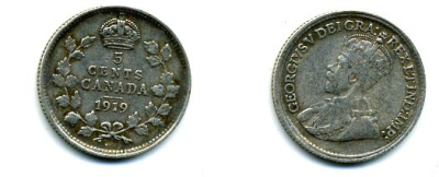 КАНАДА 5 ЦЕНТОВ 1919 ГЕОРГ V серебро 46-941