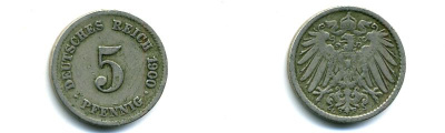 ГЕРМАНИЯ 5 ПФЕННИГОВ 1900 G, KM 11, J. 12 медно-никель 35-454