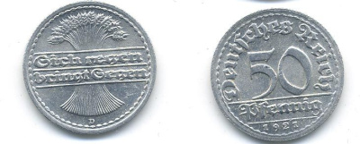 ГЕРМАНИЯ 50 ПФЕННИГОВ 1921 D KM 27, J. 301 алюминий 58-432