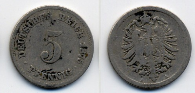 ГЕРМАНИЯ 5 ПФЕННИГОВ 1875 A, СТАРОГЕРБОВКА KM 3, J.3 медно-никель 46-365