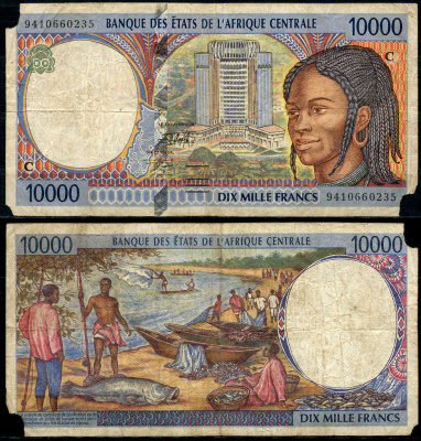 Центрально-африканские штаты, Конго 10000 франков 1994 Здание Банка центральноафриканских государств (Яунде, Камерун) Pick 105C a  бумага   6285-34-1-1