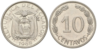 Эквадор 10 сентаво 1968 KM 76c сталь плакированная никелем aUNC 4611-863