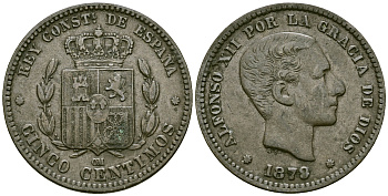 Испания 5 сентимо 1879 ОМ, Король Альфонсо XII (1874 - 1885) KM 674 бронза 4577-843