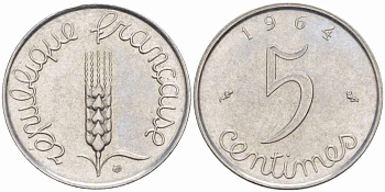 ФРАНЦИЯ 5 САНТИМОВ 1964 ПЯТАЯ РЕСПУБЛИКА KM 927, LE FRANC 124.6 хромированная сталь 105-437