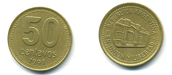 Аргентина 50 сентаво 1994 здание конгресса Тукумана, узкие буквы KM 111.1 алюминиевая бронза 3999-137
