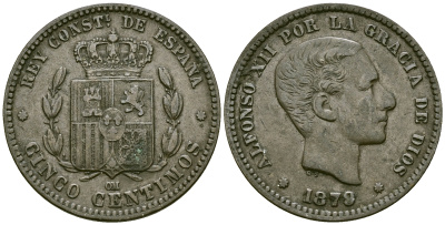 Испания 5 сентимо 1879 ОМ, Король Альфонсо XII (1874 - 1885) KM 674 бронза 4577-843