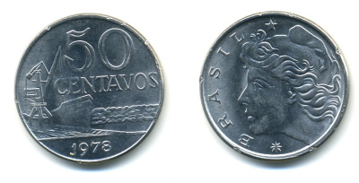 Бразилия 50 сентаво 1978 голова свободы влево KM 580b, Schon 85b нержавеющая сталь 4379-1033