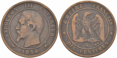 ФРАНЦИЯ 10 САНТИМОВ 1854 A, НАПОЛЕОН III (1852-1870) KM 771.1, LE FRANC 133.10 бронза 38-932