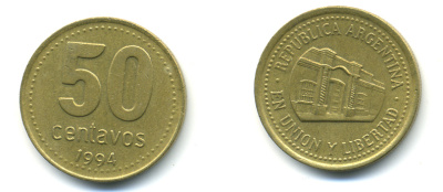 Аргентина 50 сентаво 1994 здание конгресса Тукумана, узкие буквы KM 111.1 алюминиевая бронза 3999-137