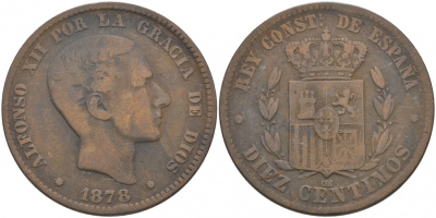ИСПАНИЯ 10 СЕНТИМО 1878 ОМ, АЛЬФОНСО XII (1874-1885) KM 675 (Y 70) бронза 69-1013