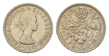 Великобритания 6 пенсов 1960 Елизавета II (1952-2022) KM 903, Spink 4149 медно-никель 100-754
