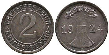 ГЕРМАНИЯ 2 РЕЙХСПФЕННИГА 1924 A KM 38, J. 314 бронза 24-717