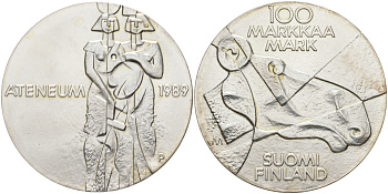 Финляндия 100 марок 1989 Центральный художественный музей Атенеум, лось KM 75 серебро UNC 1523-643